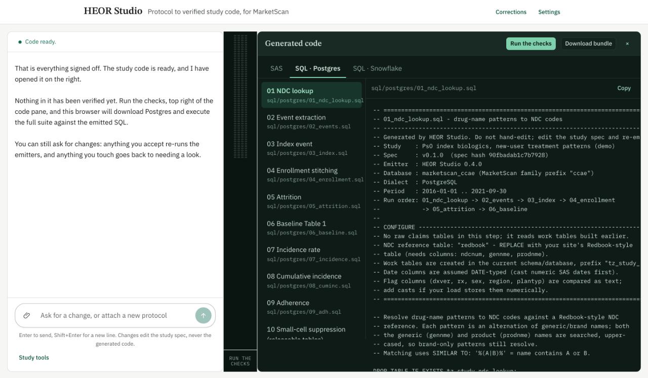 HEOR Studio after loading its demo study: the generated code pane, with tabs for the SAS and the SQL it wrote and the study’s files listed in order.